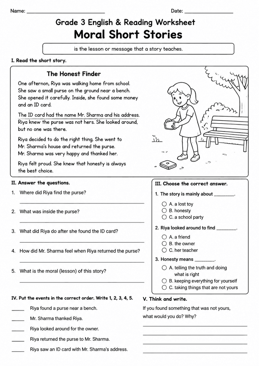 Grade 3 ELA moral short stories reading worksheet with comprehension questions