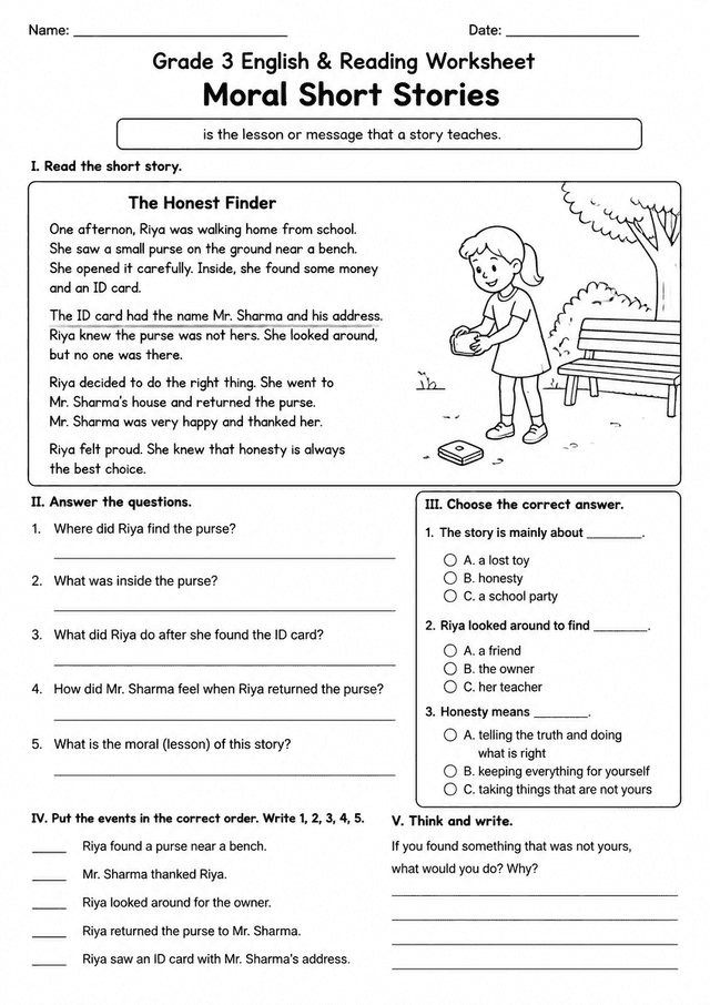 Free Printable Grade 3 ELA Moral Short Stories Reading Worksheet
