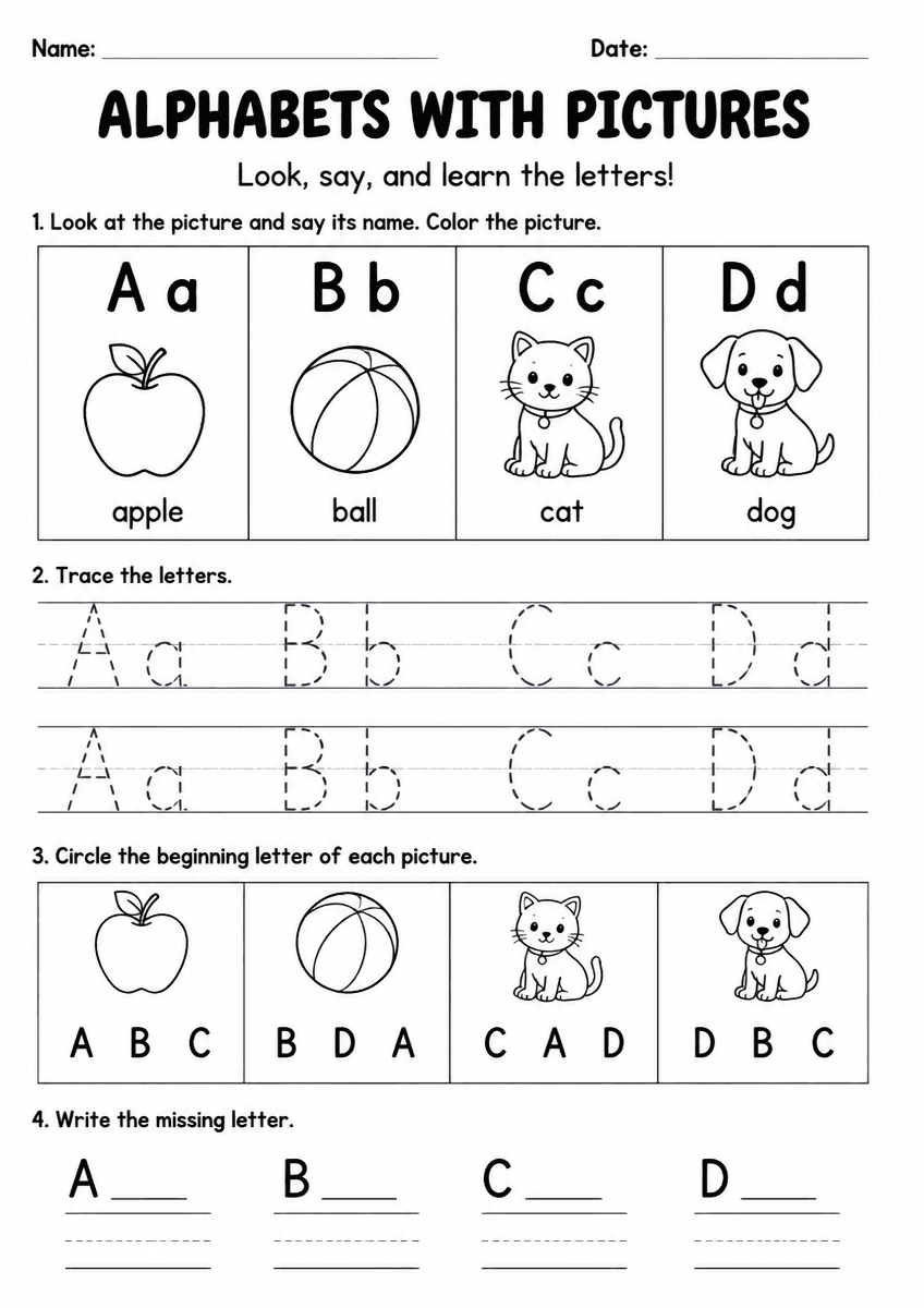 Preschool ELA alphabet worksheet with pictures for letter recognition and sounds