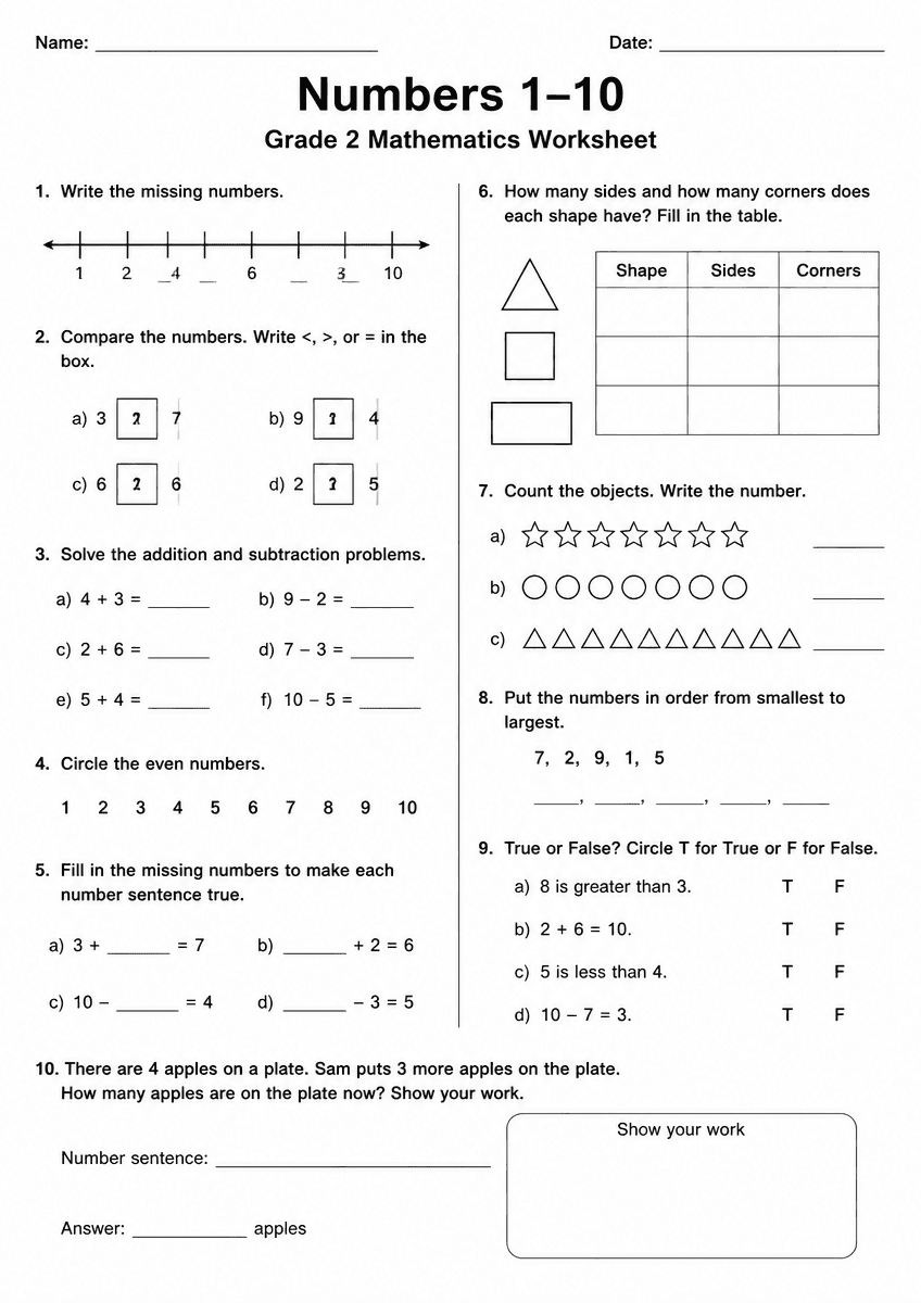 Grade 2 math worksheet preview about numbers 1-10 practice activities