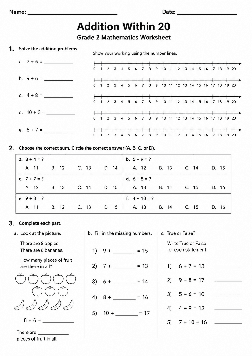 Grade 2 math addition within 20 worksheet with easy practice problems
