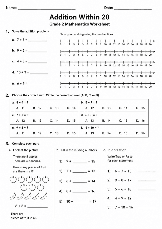 Free Printable Grade 2 Addition Within 20 Worksheet
