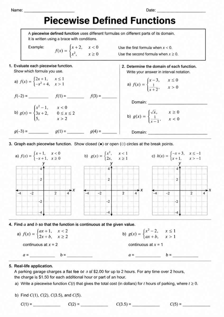High School math worksheet preview on piecewise defined function practice problems