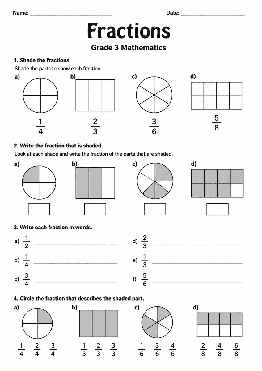 Grade 3 math fractions worksheet preview with fraction models and comparison problems