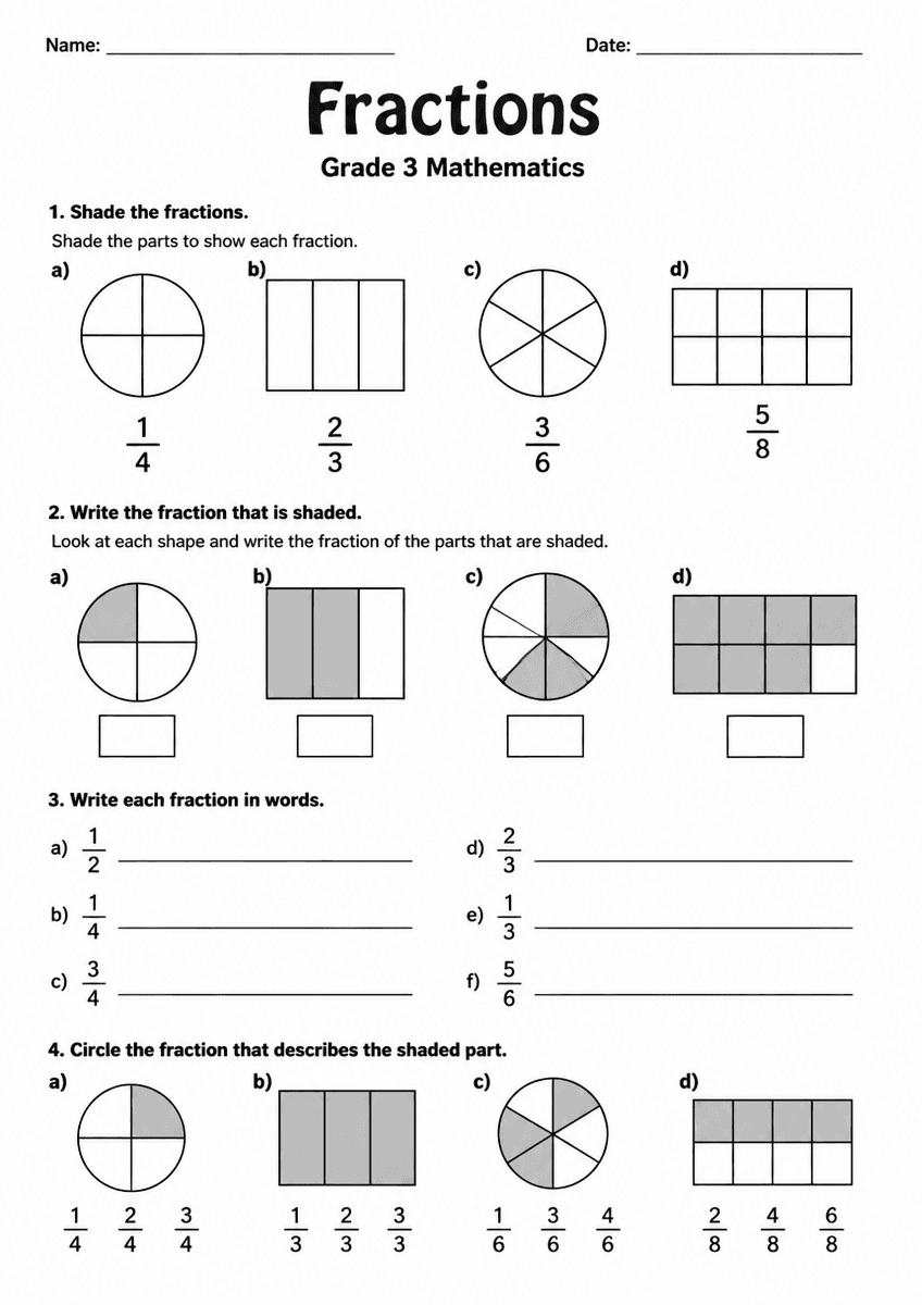 Grade 3 math fractions worksheet preview with fraction models and comparison problems