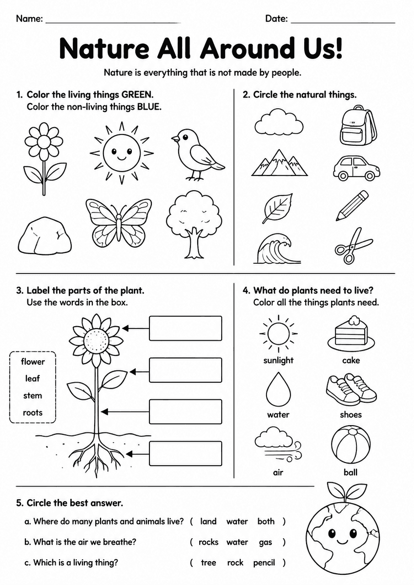 Grade 2 science nature worksheet about plants, animals, and habitats