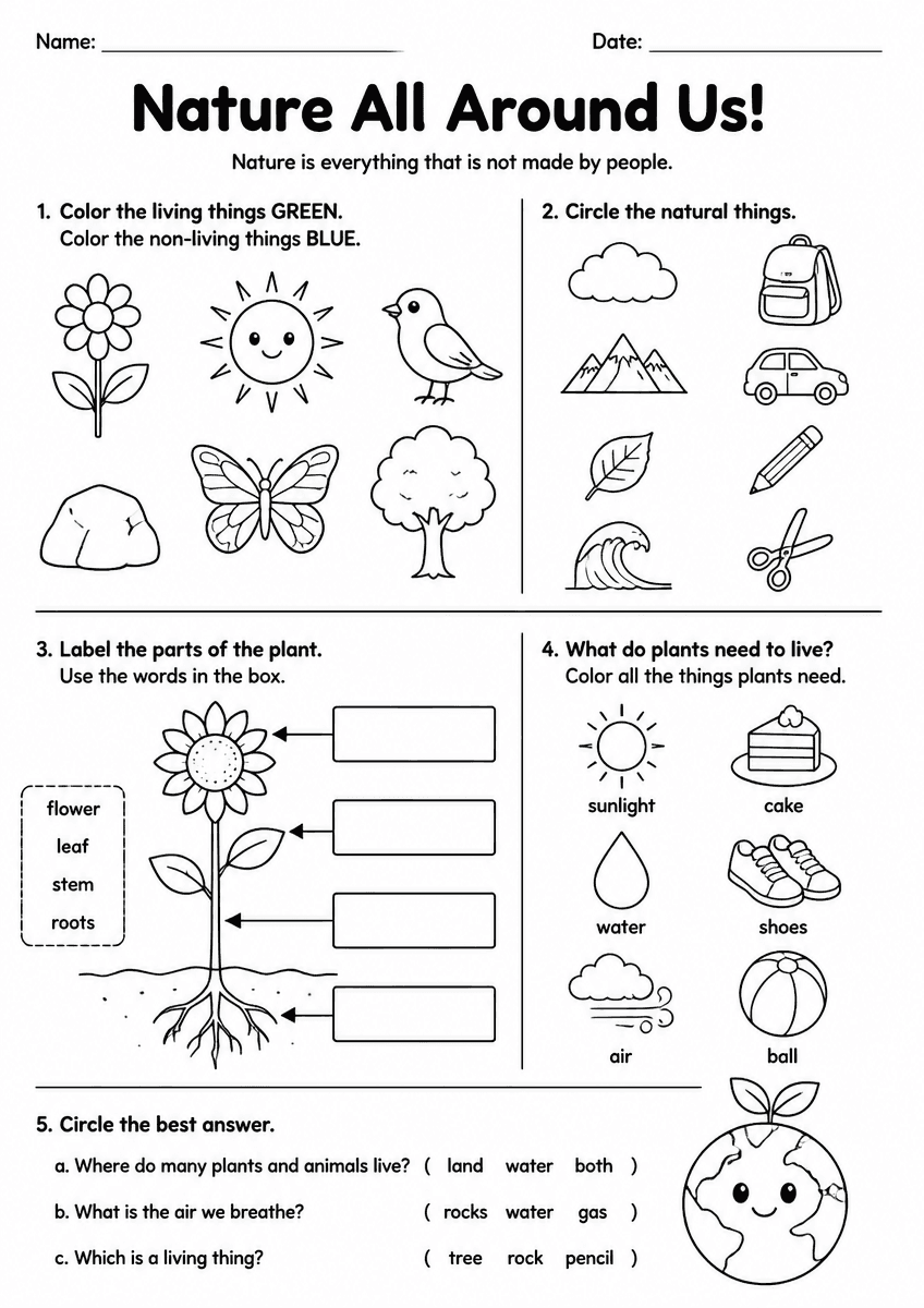 Grade 2 science nature worksheet about plants, animals, and habitats