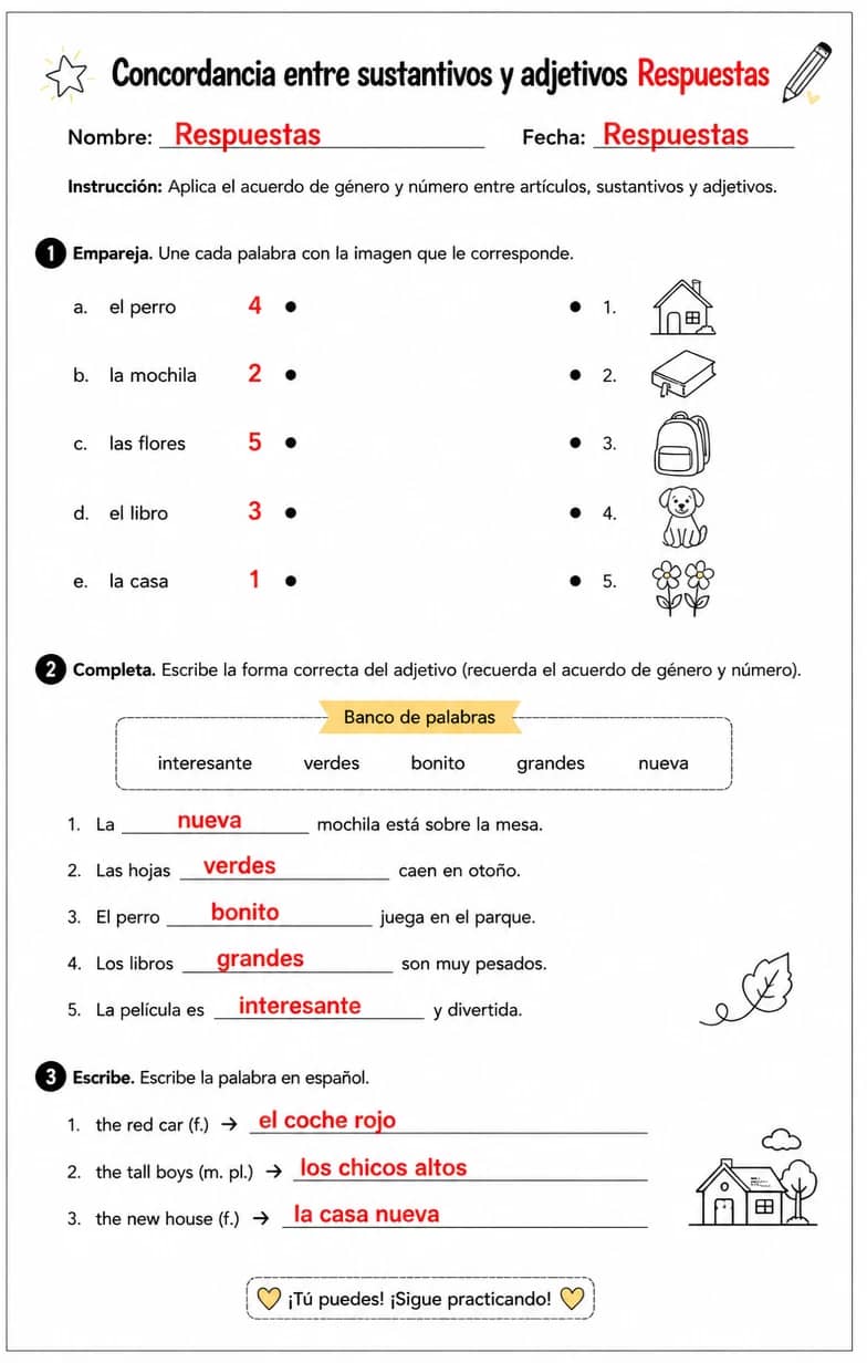 Answer key for Aplicar el acuerdo de género y número con artículos, sustantivos y adjetivos. — free printable Spanish worksheet
