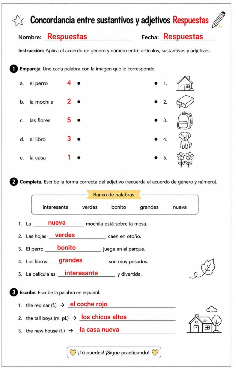 Answer key for Aplicar el acuerdo de género y número con artículos, sustantivos y adjetivos. — free printable Spanish worksheet