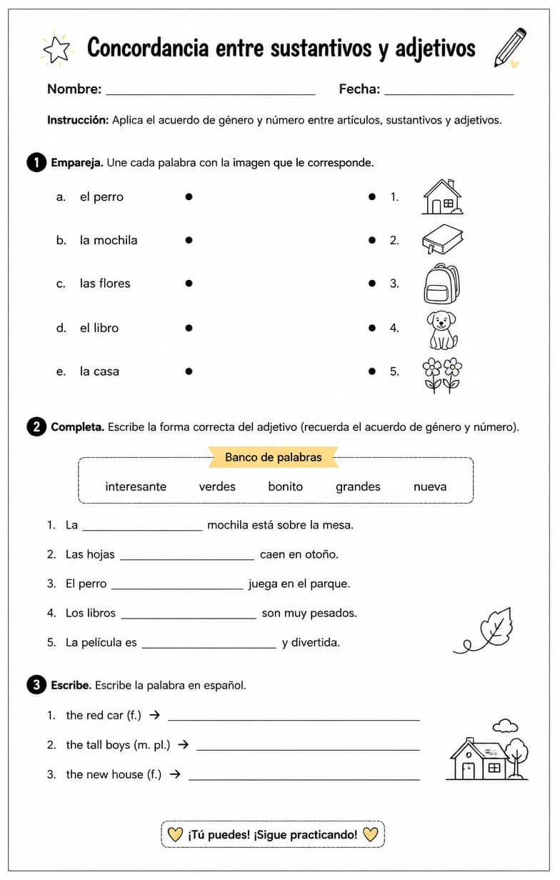 Aplicar el acuerdo de género y número con artículos, sustantivos y adjetivos. — free printable Middle School Spanish worksheet