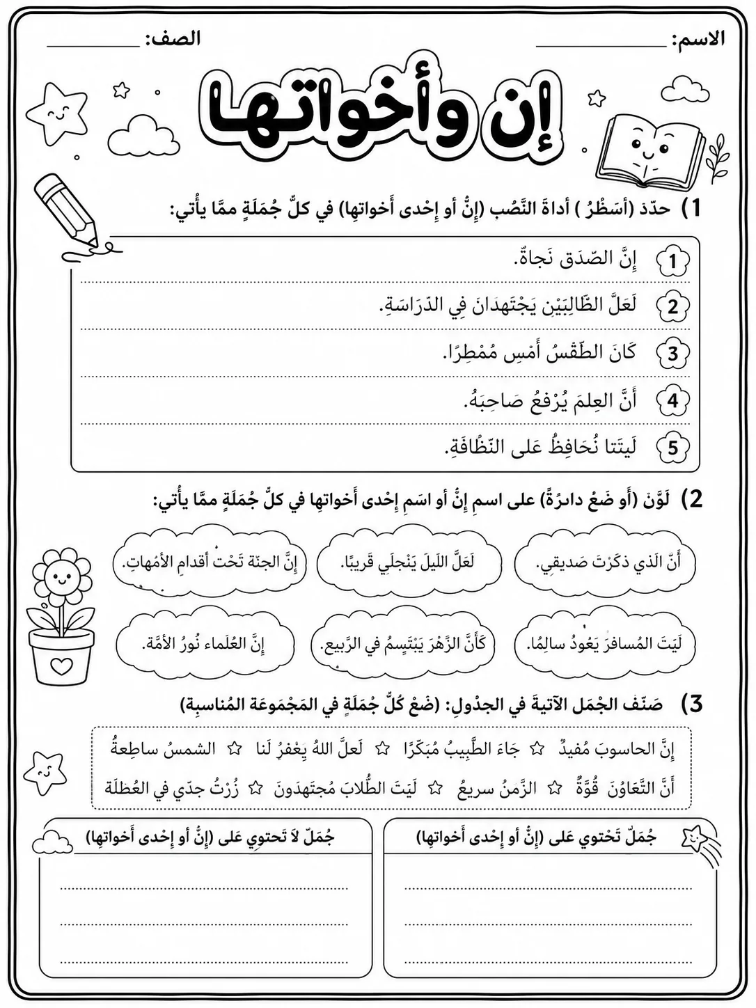 إن وأخواتها صفحة 2 من حزمة أوراق عمل اللغة العربية