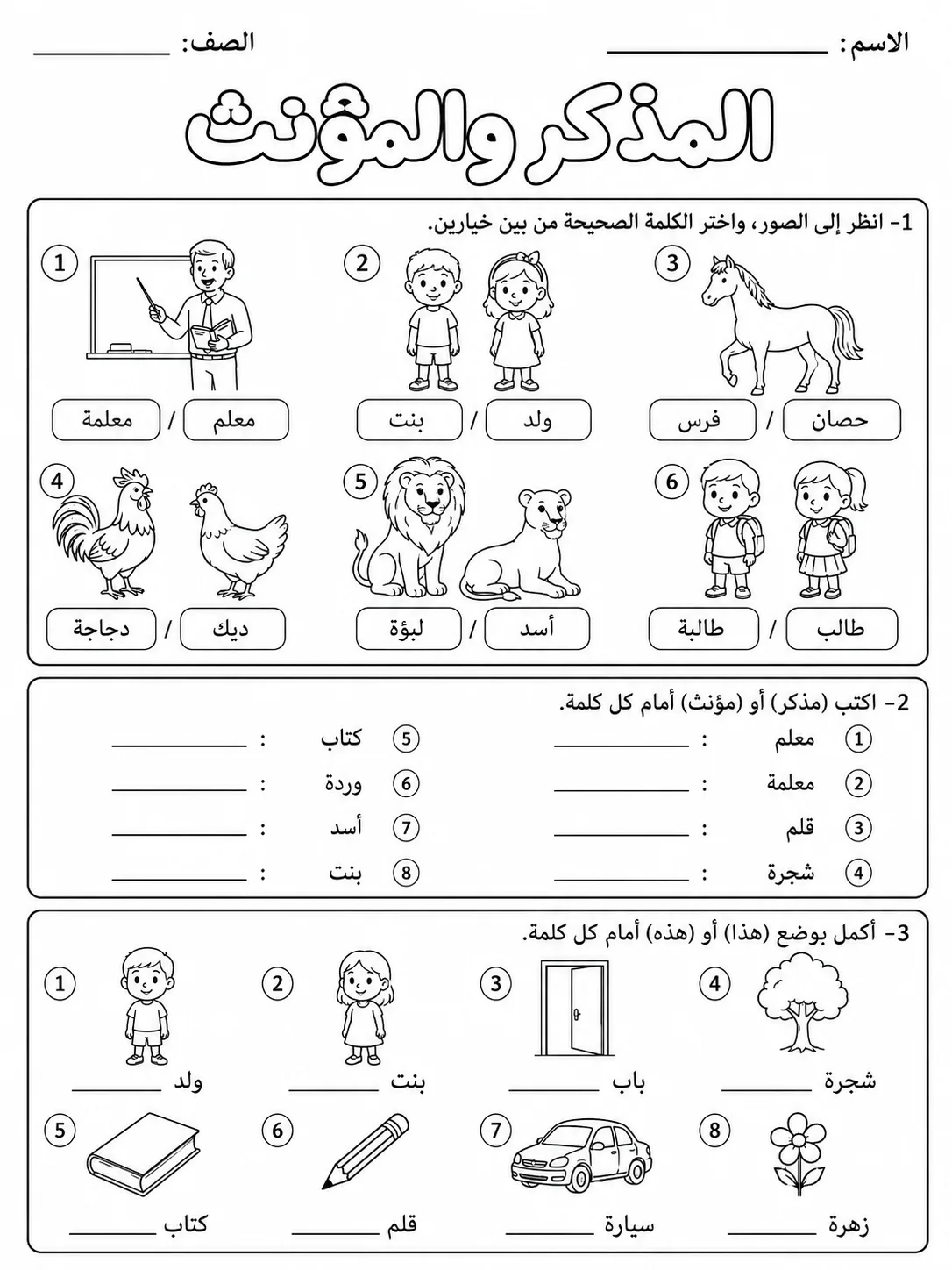المذكر والمؤنث صفحة 2 من حزمة أوراق عمل اللغة العربية
