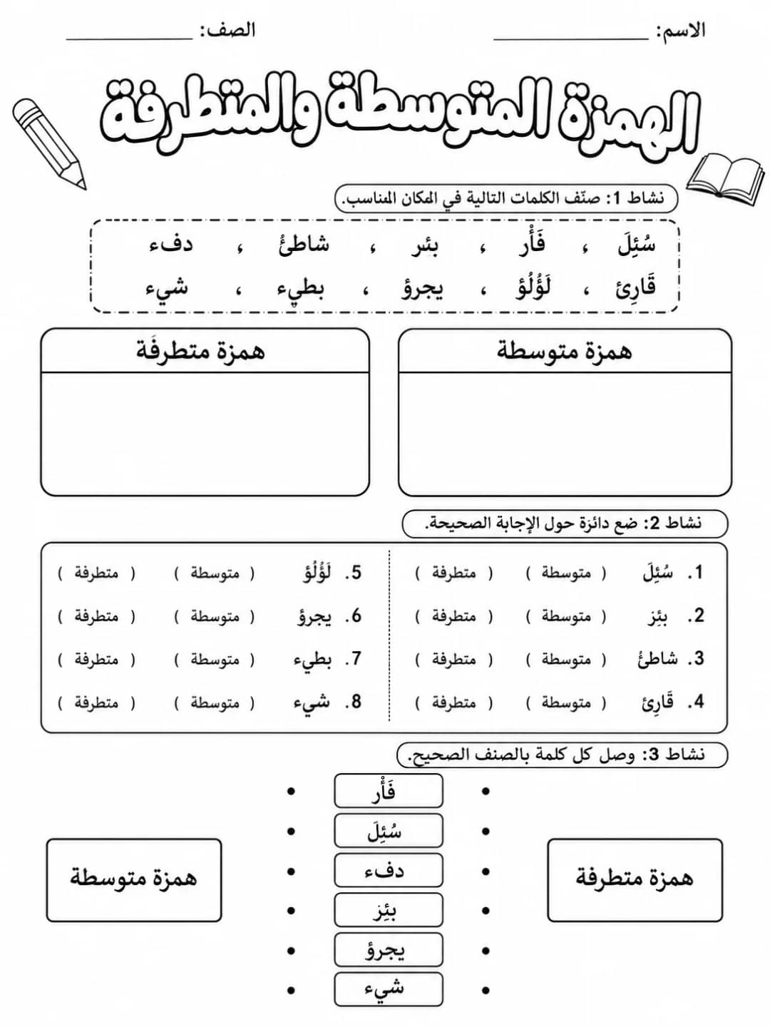 الهمزة المتوسطة والمتطرفة حزمة أوراق عمل اللغة العربية PDF للطلاب