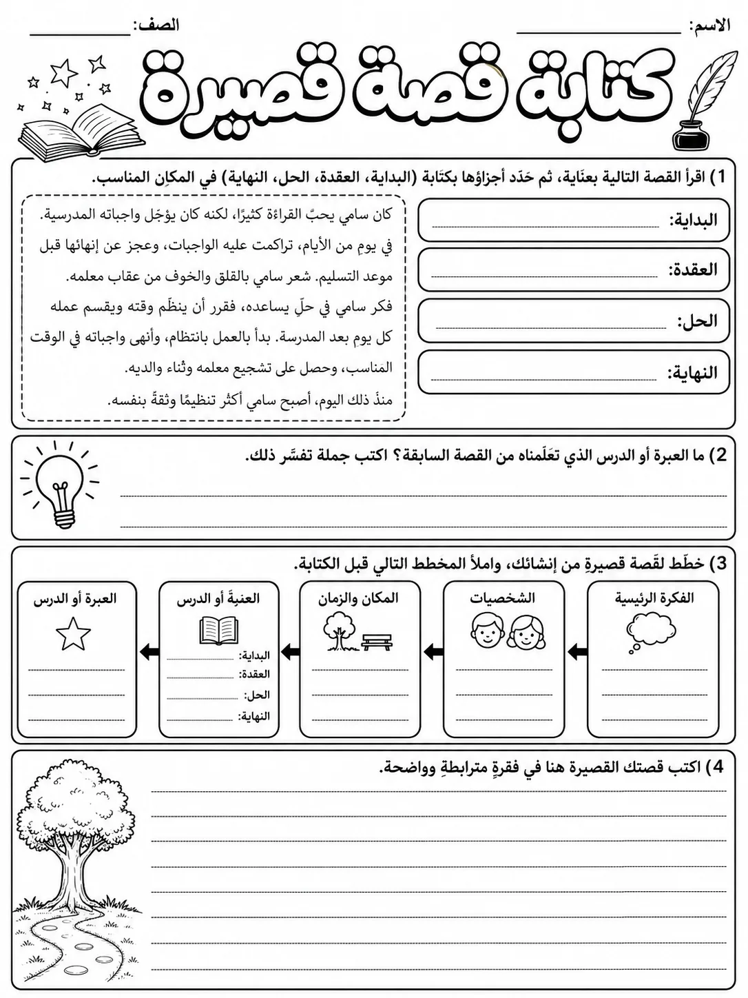 كتابة قصة قصيرة صفحة 9 من حزمة أوراق عمل اللغة العربية