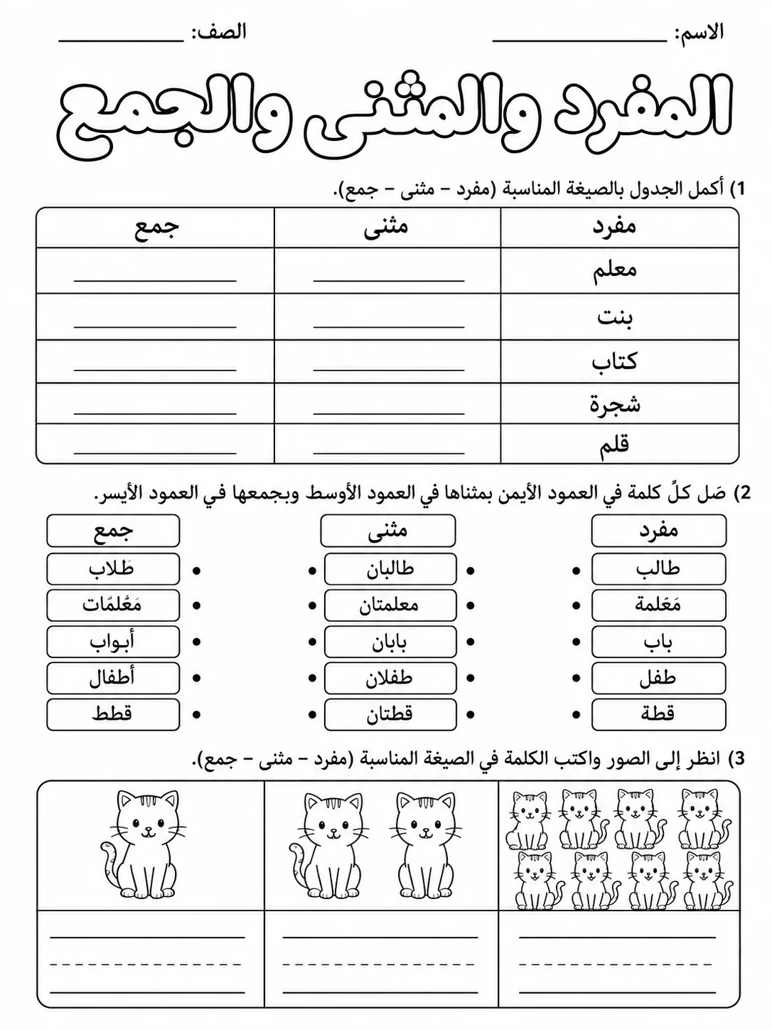 المفرد والمثنى والجمع صفحة 3 من حزمة أوراق عمل اللغة العربية