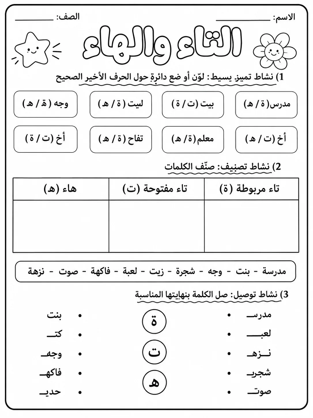 التاء المربوطة والتاء المفتوحة والهاء حزمة أوراق عمل اللغة العربية PDF للطلاب