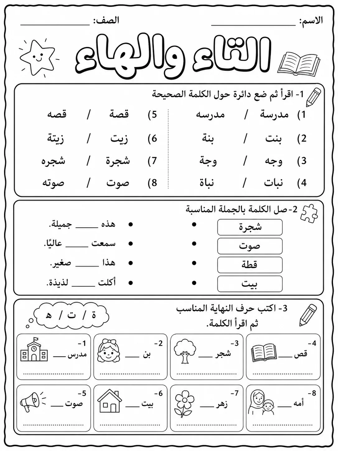 التاء المربوطة والتاء المفتوحة والهاء صفحة 3 من حزمة أوراق عمل اللغة العربية