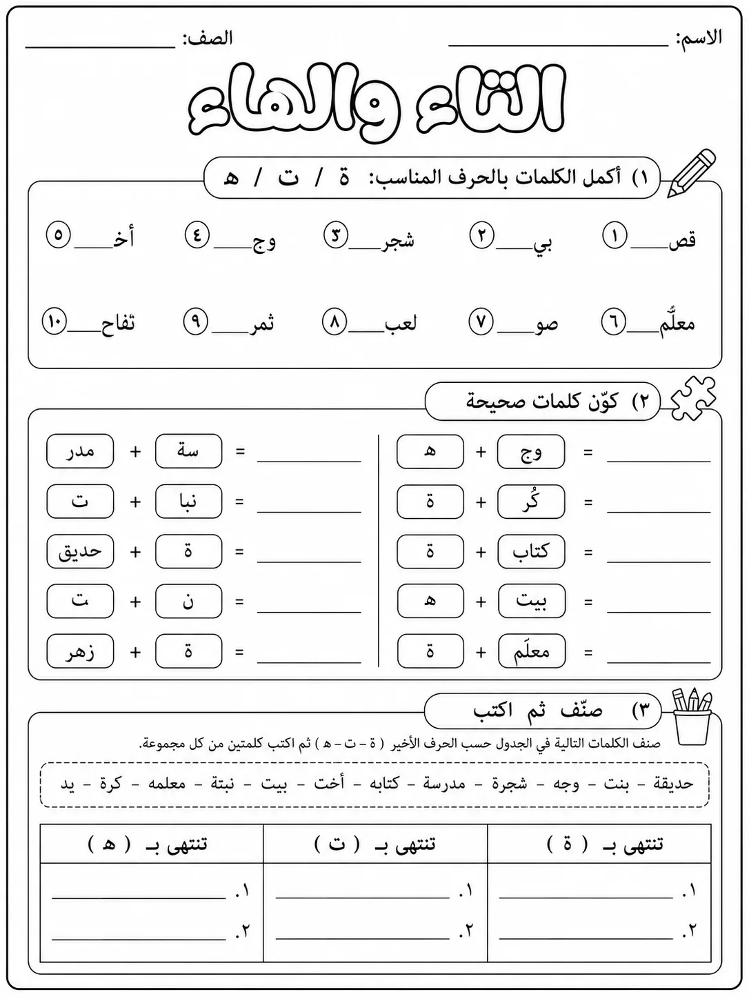 التاء المربوطة والتاء المفتوحة والهاء صفحة 4 من حزمة أوراق عمل اللغة العربية