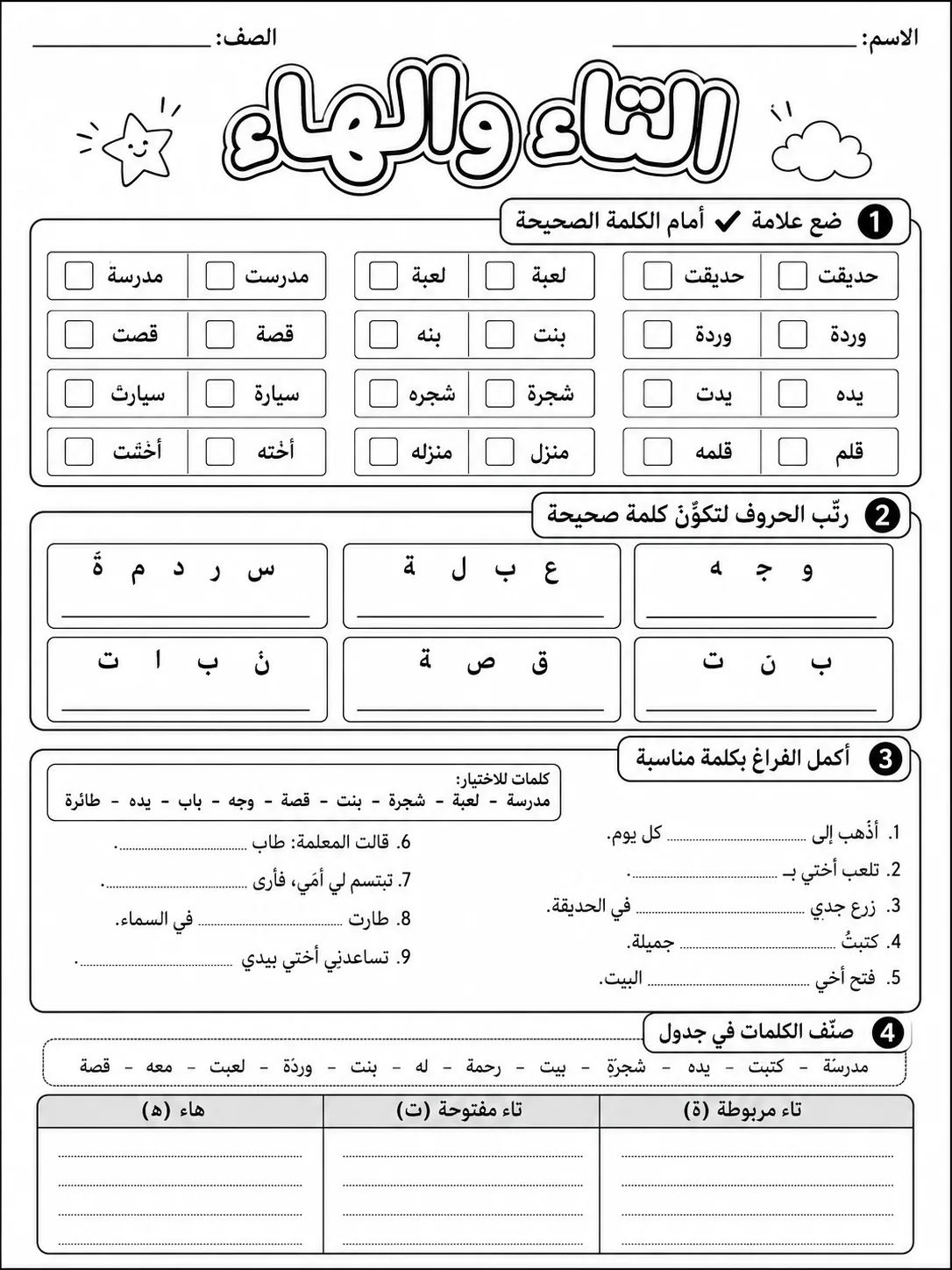 التاء المربوطة والتاء المفتوحة والهاء صفحة 6 من حزمة أوراق عمل اللغة العربية