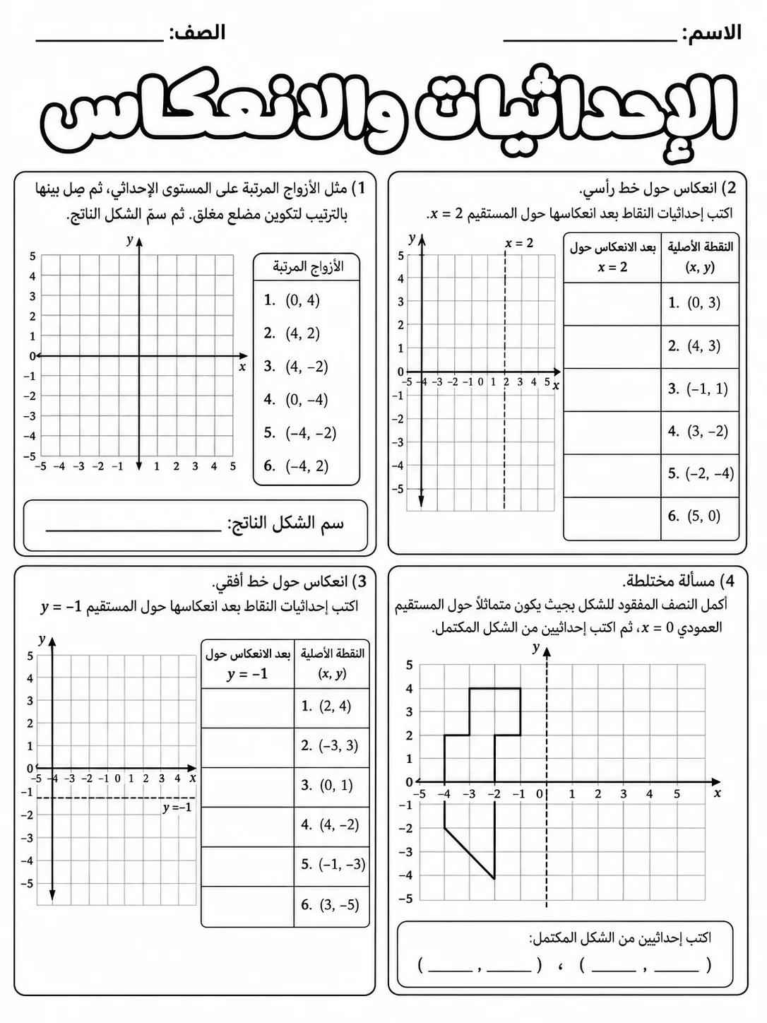 الإحداثيات والانعكاس صفحة 7 من حزمة أوراق عمل الرياضيات