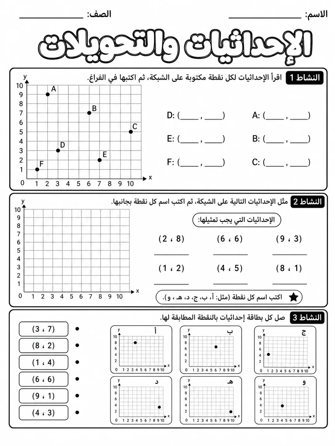 الإحداثيات والتحويلات حزمة أوراق عمل رياضيات عربية PDF للطلاب
