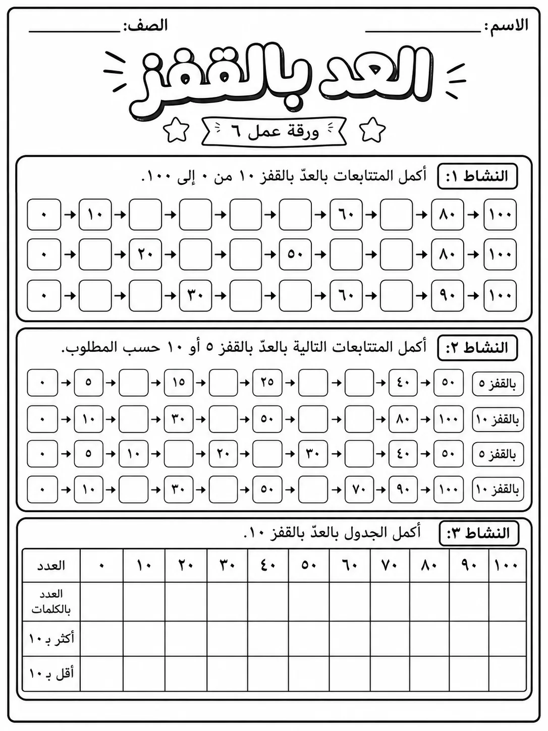 العد بالواحد والاثنين والخمسة والعشرة صفحة 6 من حزمة أوراق عمل الرياضيات