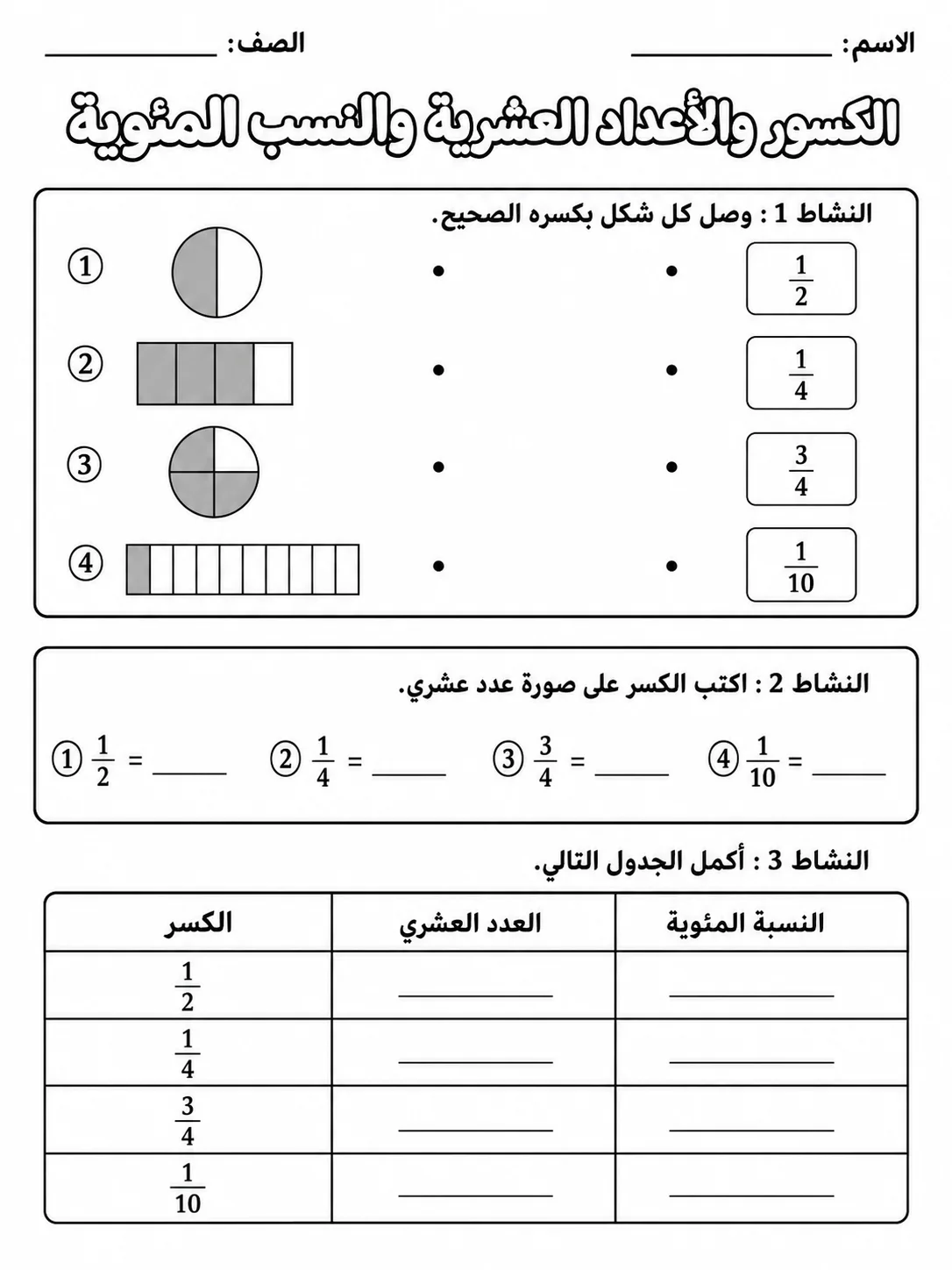 الكسور والأعداد العشرية والنسب المئوية - حزمة أوراق عمل رياضيات