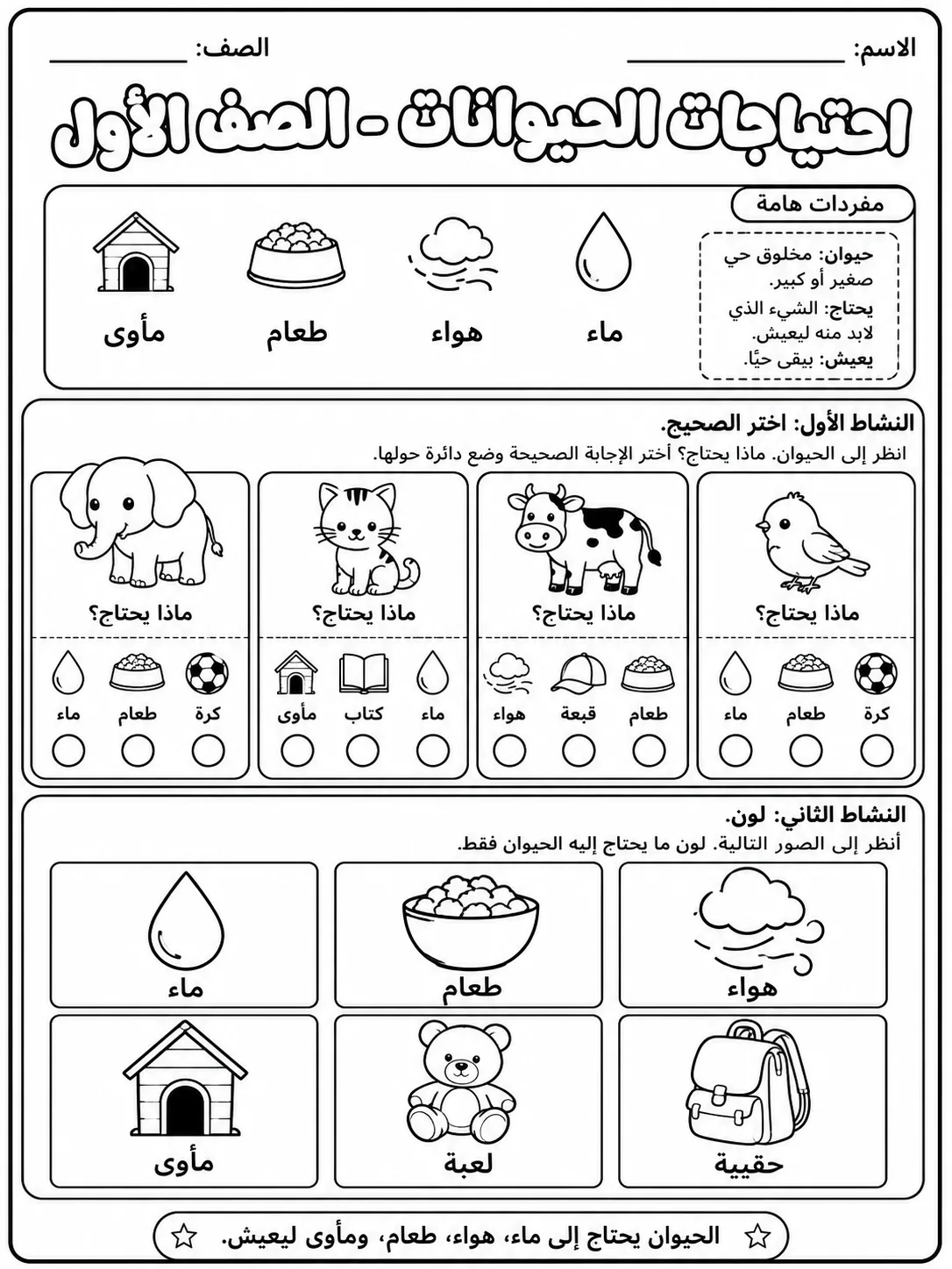 احتياجات الحيوانات - الصف الأول صفحة 2 من مورد علوم عربي