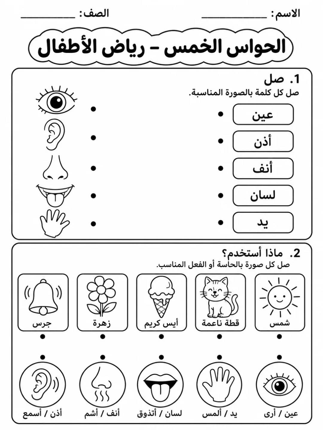الحواس الخمس - رياض الأطفال - ورقة عمل علوم عربية PDF للطلاب