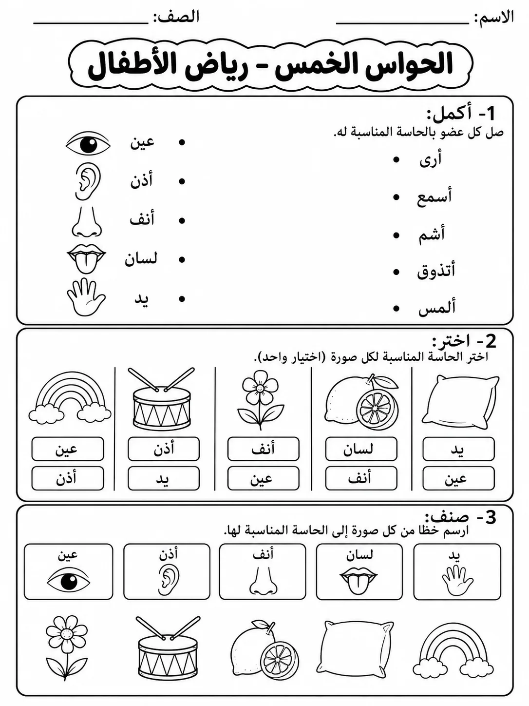 الحواس الخمس - رياض الأطفال - ورقة عمل علوم عربية PDF للطلاب