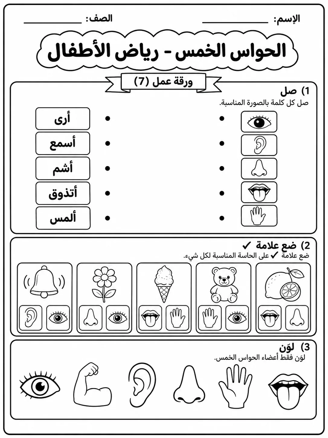 الحواس الخمس - رياض الأطفال - ورقة عمل علوم عربية PDF للطلاب