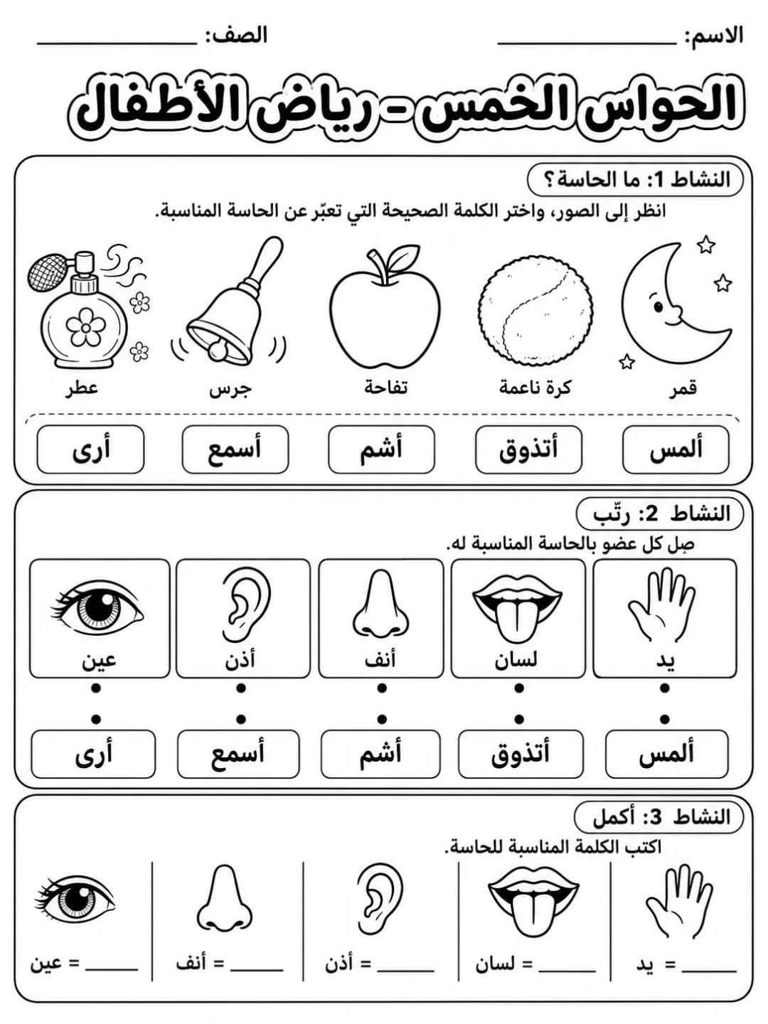 الحواس الخمس - رياض الأطفال - ورقة عمل علوم عربية PDF للطلاب