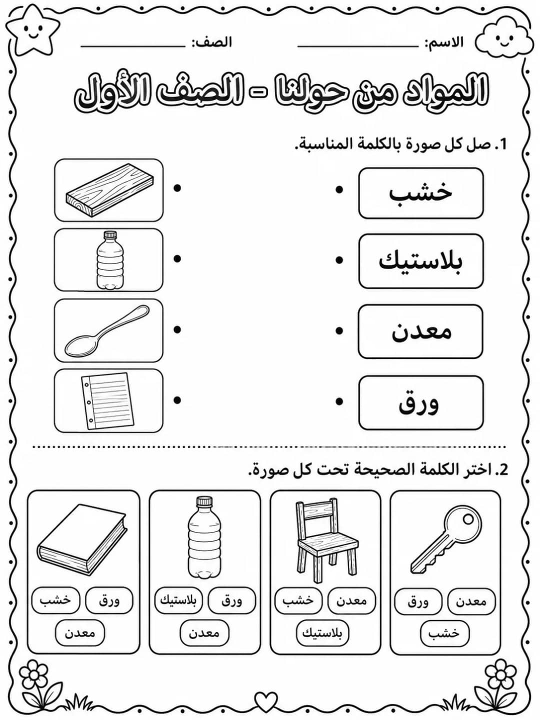المواد من حولنا - الصف الأول - ورقة عمل علوم عربية PDF للطلاب