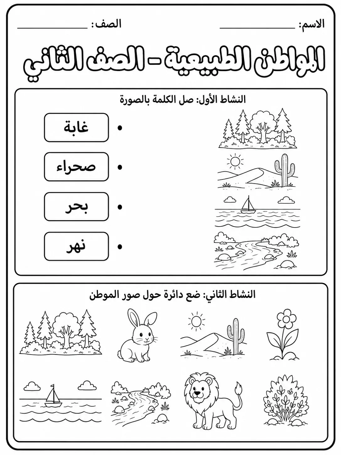 المواطن الطبيعية - الصف الثاني - ورقة عمل علوم عربية PDF للطلاب