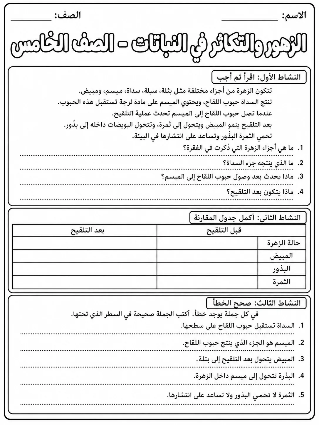 الزهور والتكاثر في النباتات - الصف الخامس صفحة 7 من مورد علوم عربي