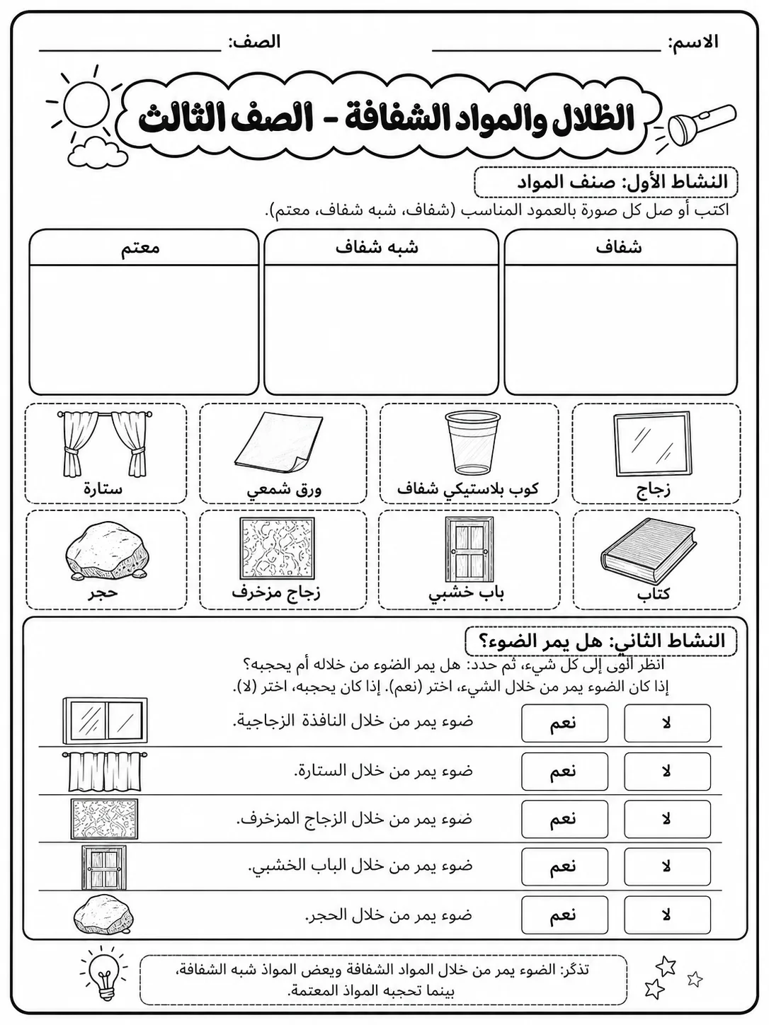 الظلال والمواد الشفافة - الصف الثالث صفحة 3 من مورد علوم عربي
