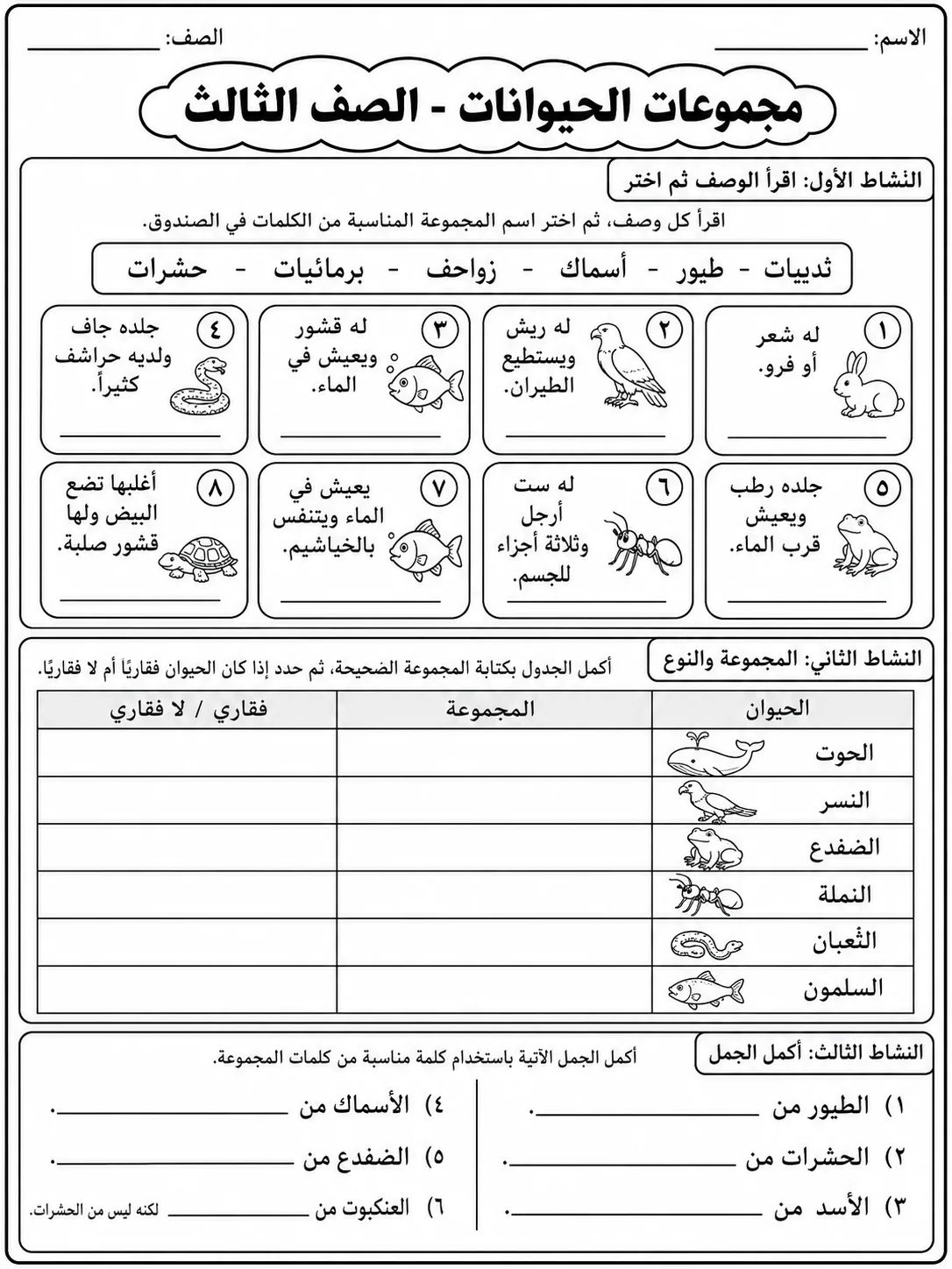 مجموعات الحيوانات - الصف الثالث صفحة 7 من مورد علوم عربي