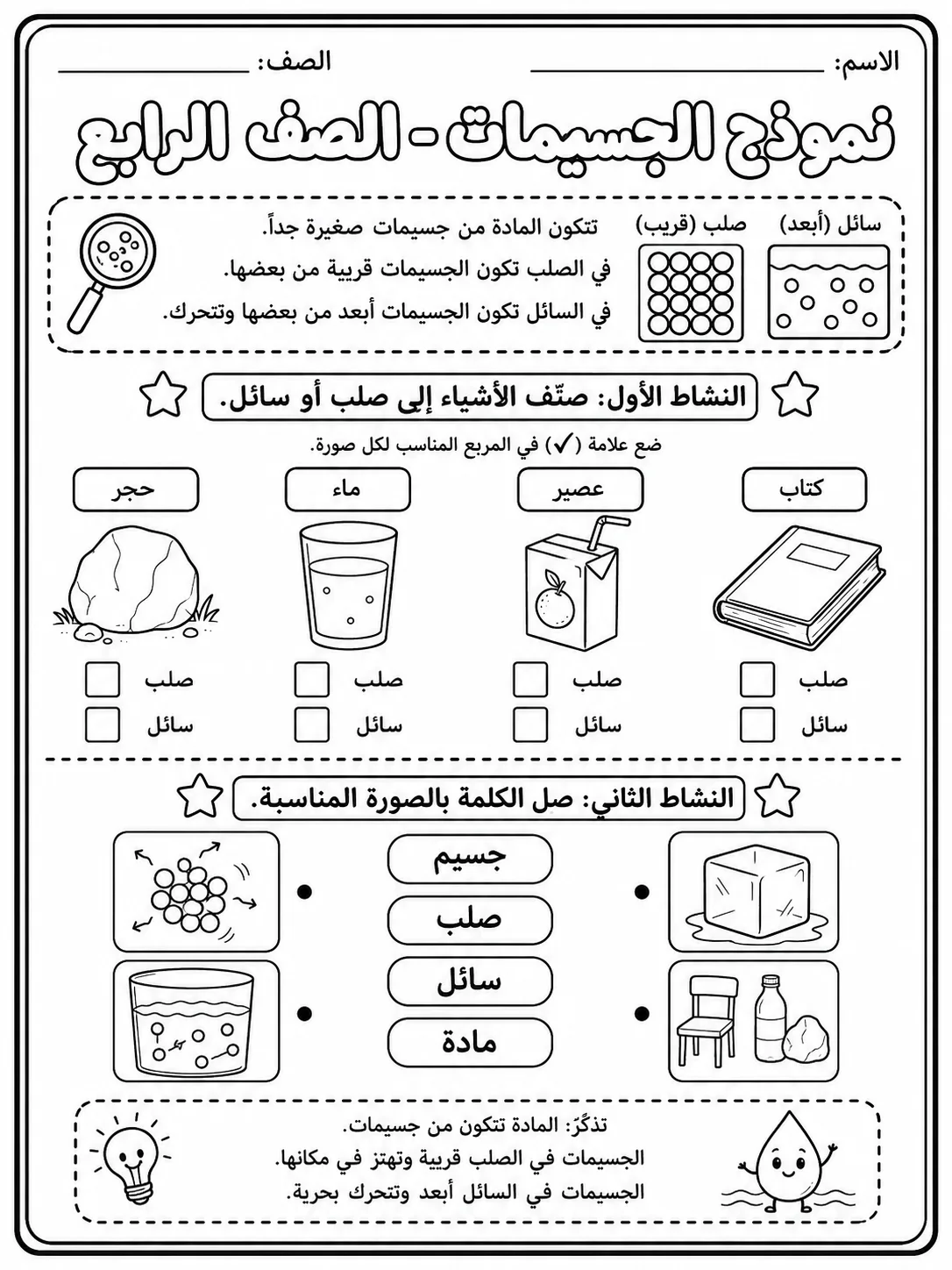 نموذج الجسيمات - الصف الرابع - ورقة عمل علوم عربية PDF للطلاب