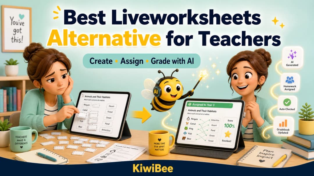 Teacher comparing manual interactive worksheet setup with KiwiBee AI-assisted creation, homework assignment, automatic checks, and gradebook updates.