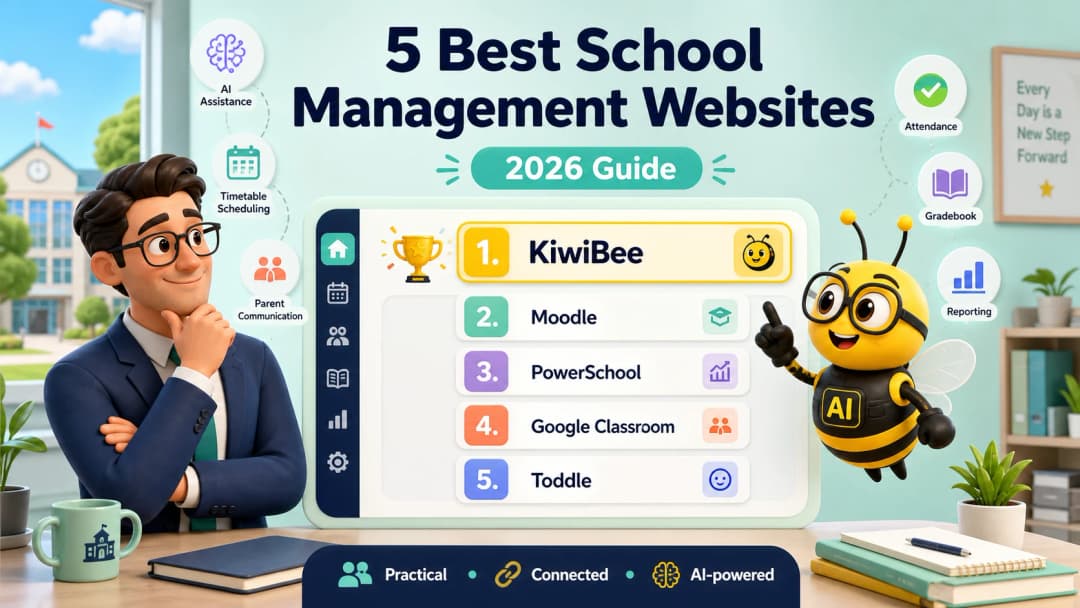 School leader comparing five ranked school management websites: KiwiBee, Moodle, PowerSchool, Google Classroom, and Toddle.