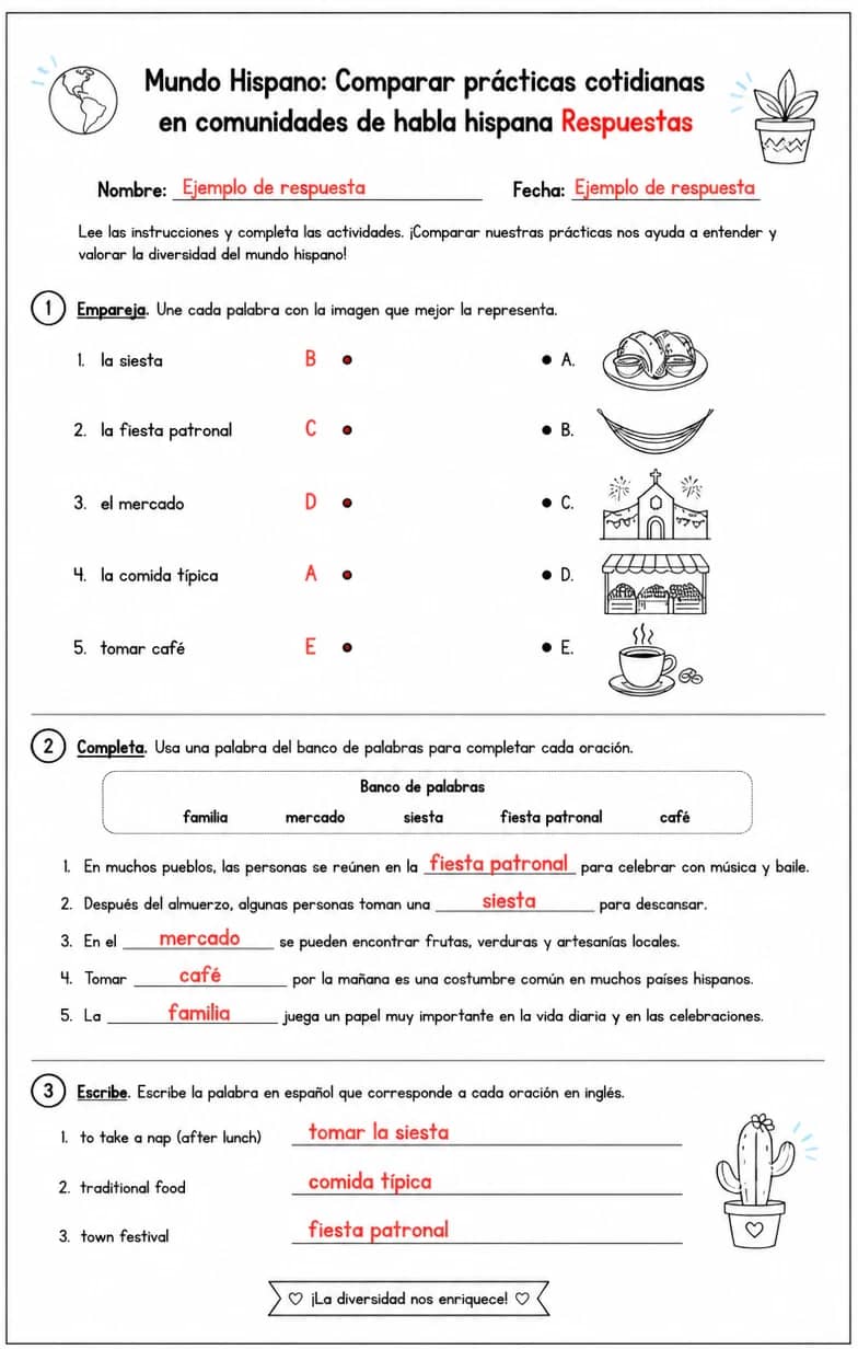 Answer key for Comparar prácticas cotidianas en comunidades de habla hispana. — free printable Spanish worksheet