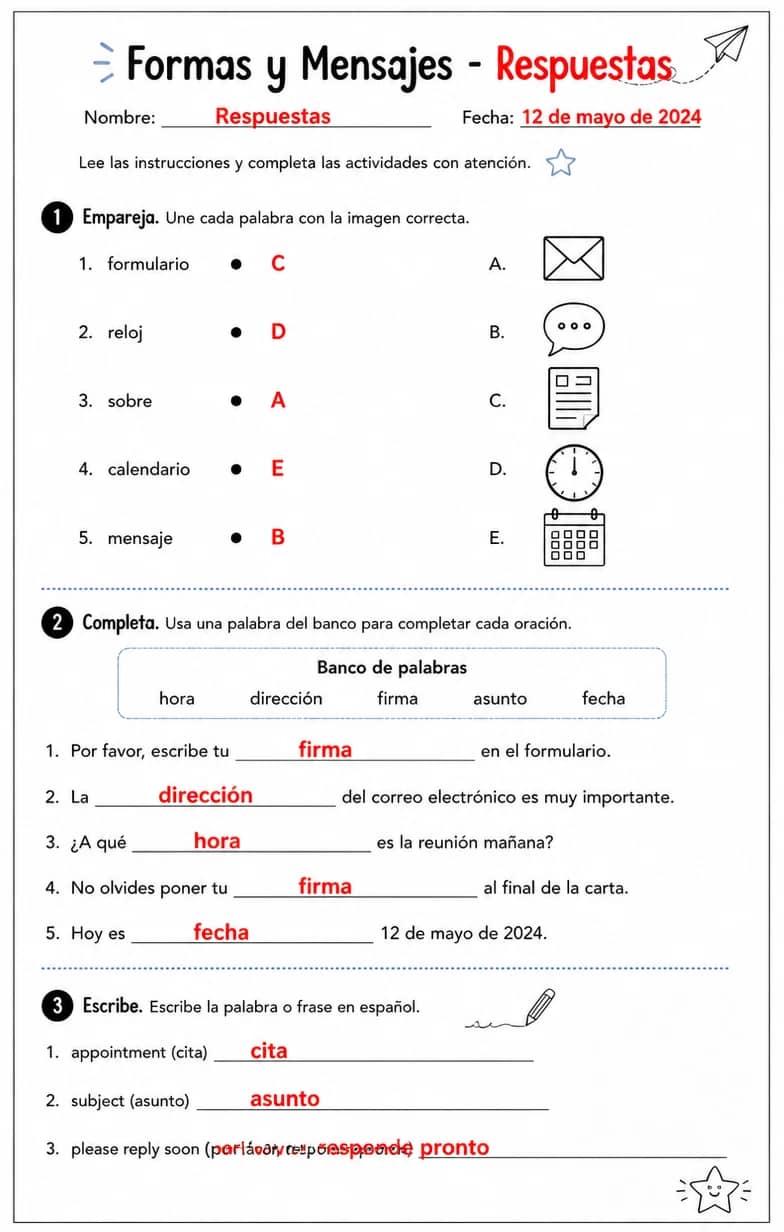 Answer key for Completar formularios, horarios, subtítulos y mensajes breves con información precisa. — free printable Spanish worksheet