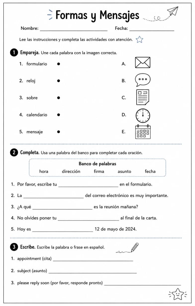 Completar formularios, horarios, subtítulos y mensajes breves con información precisa. — free printable High School Spanish worksheet