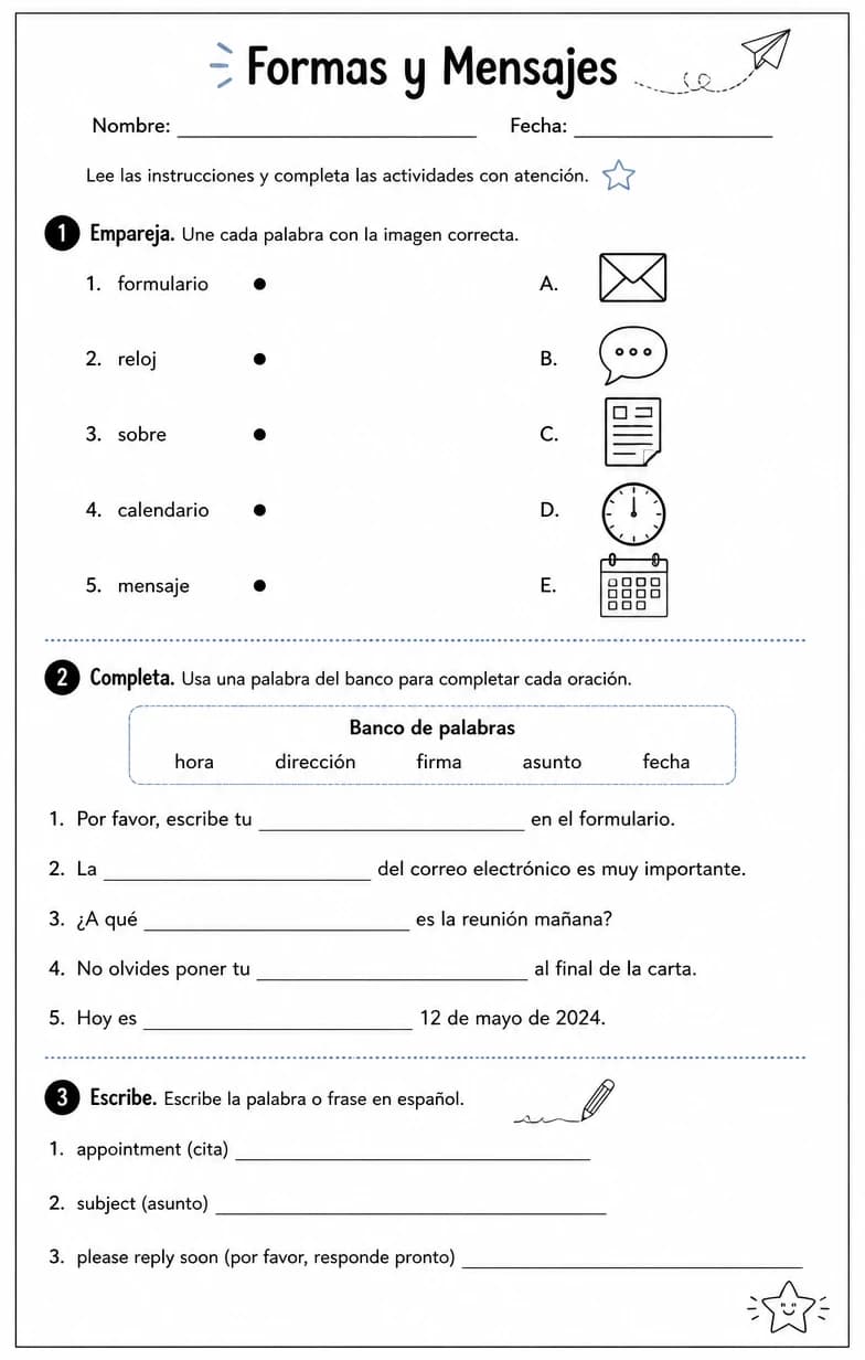 Completar formularios, horarios, subtítulos y mensajes breves con información precisa.