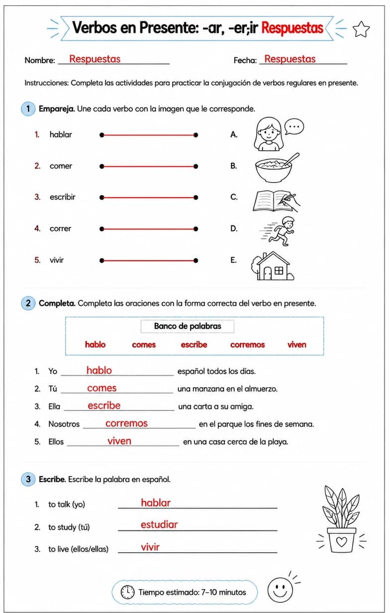 Answer key for Conjugar verbos regulares -ar, -er, e -ir en oraciones en presente. — free printable Spanish worksheet