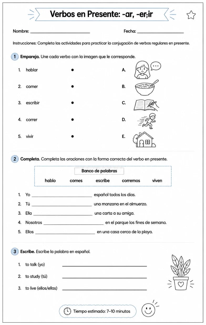 Conjugar verbos regulares -ar, -er, e -ir en oraciones en presente. — free printable Middle School Spanish worksheet