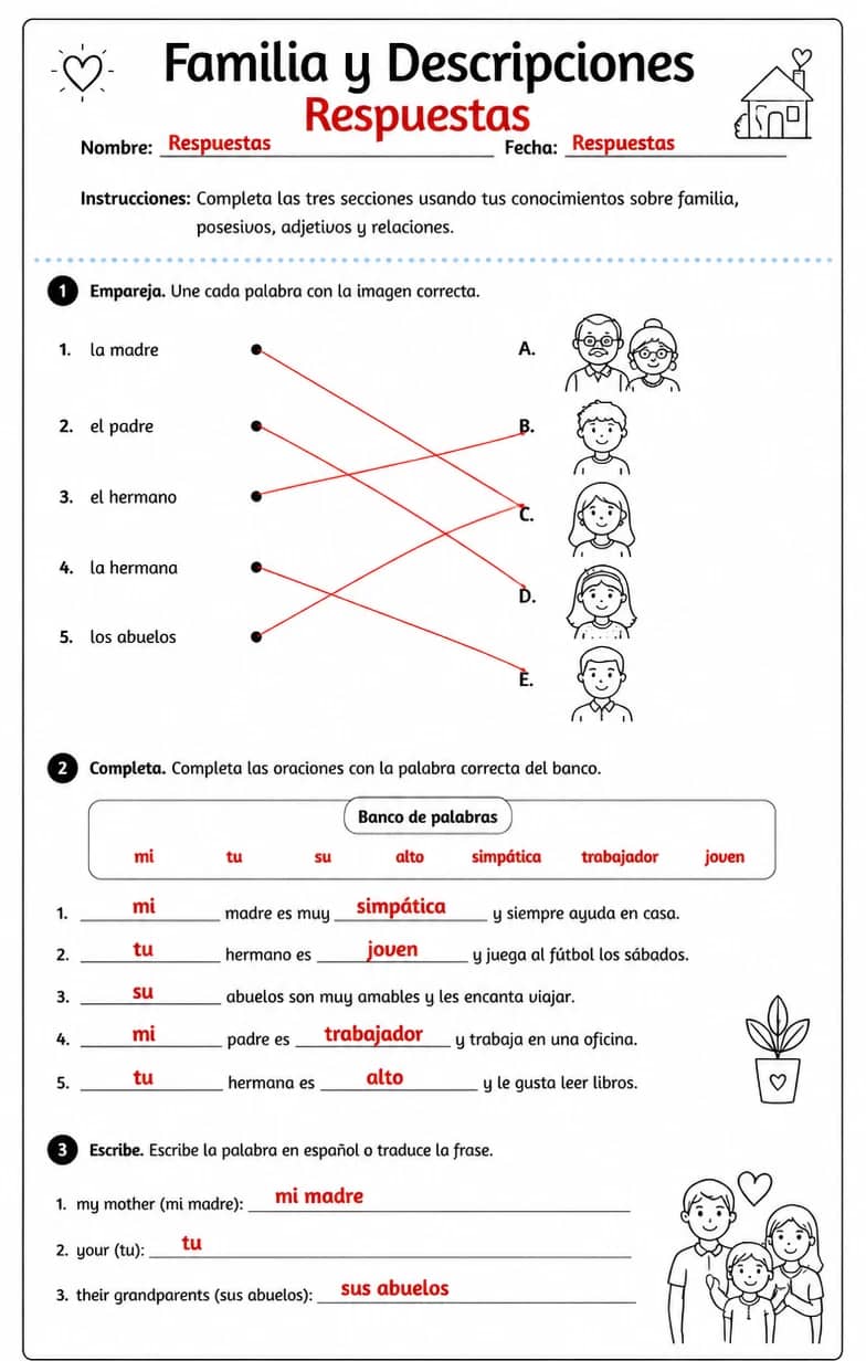 Answer key for Describir personas usando posesivos, adjetivos y lenguaje básico de relaciones. — free printable Spanish worksheet