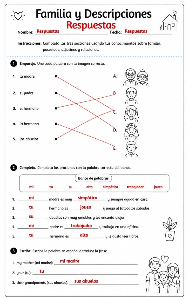 Answer key for Describir personas usando posesivos, adjetivos y lenguaje básico de relaciones. — free printable Spanish worksheet