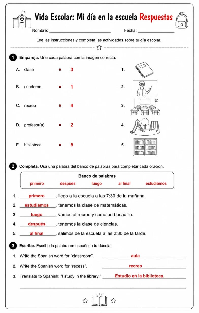 Answer key for Describir un día escolar con tiempo, lenguaje ordinal y acciones del aula. — free printable Spanish worksheet