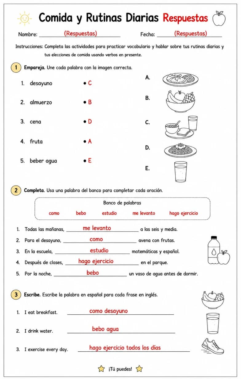 Answer key for Discutir rutinas diarias y elecciones simples usando verbos en presente. — free printable Spanish worksheet